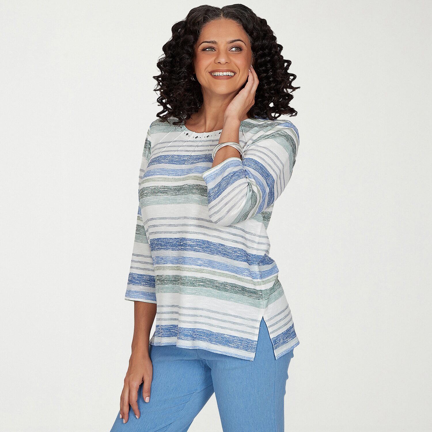 Alfred Dunner Provence Womens Crew Neck 3/4 Sleeve T-Shirt