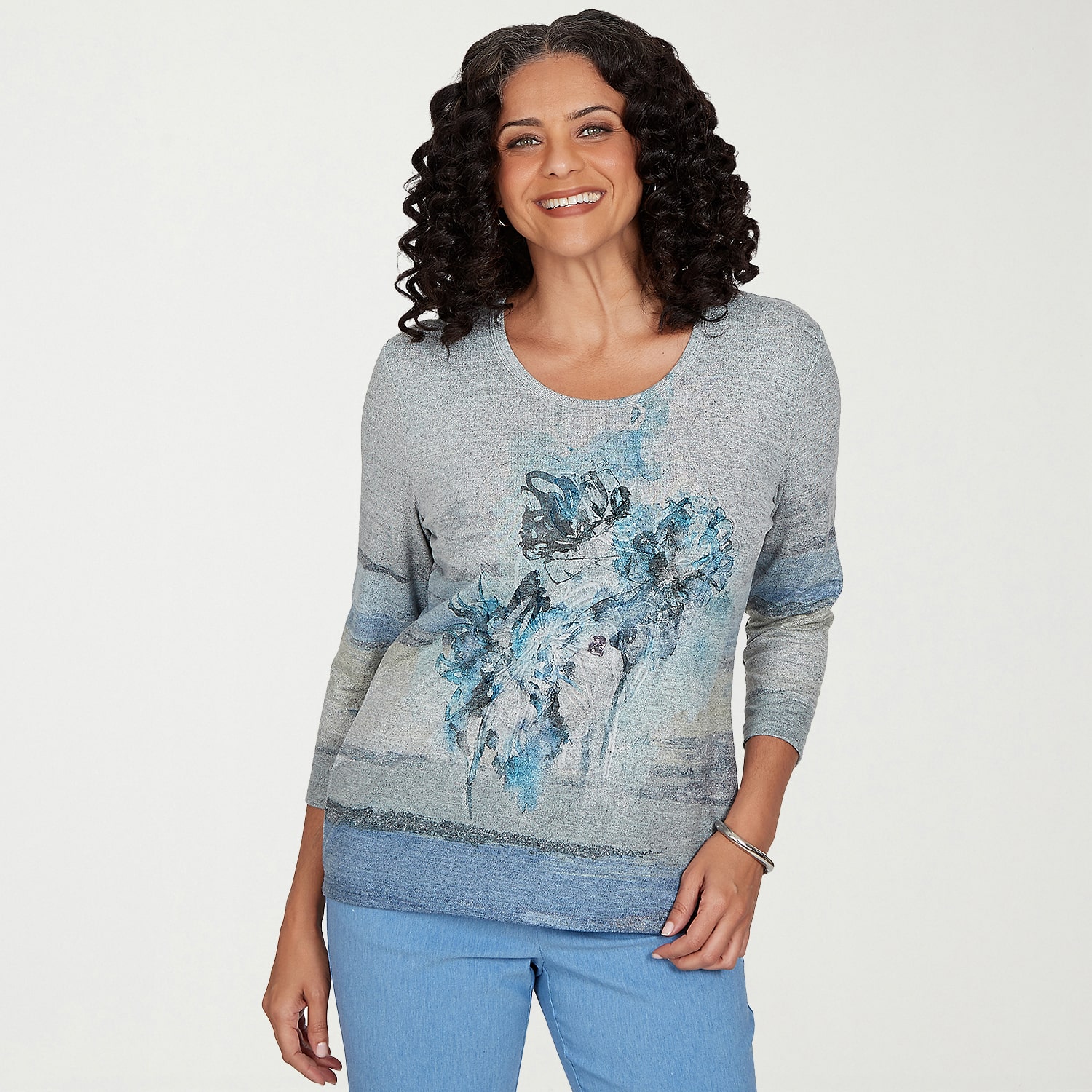 Alfred Dunner Provence Womens Crew Neck 3/4 Sleeve T-Shirt