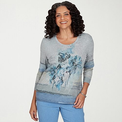 Alfred Dunner Provence Womens Crew Neck 3/4 Sleeve T-shirt In Blue