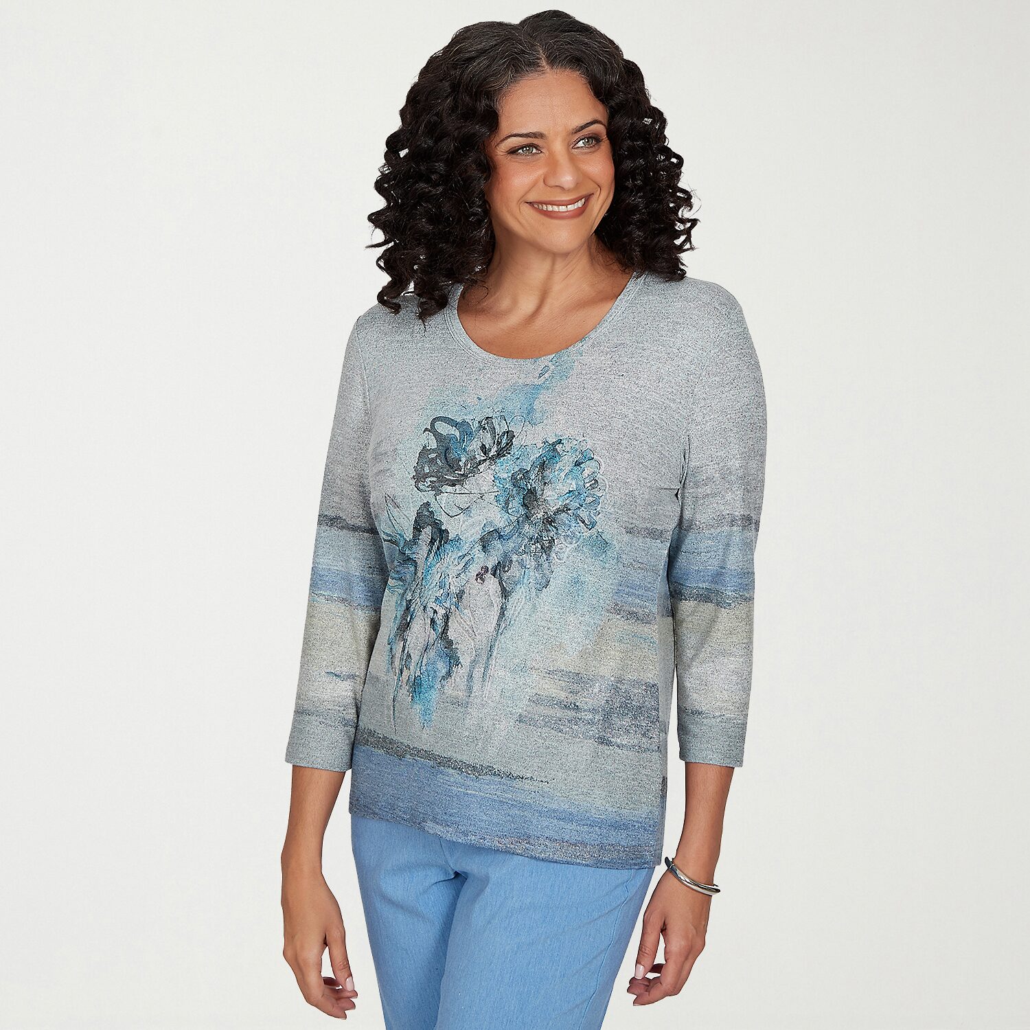 Alfred Dunner Provence Womens Crew Neck 3/4 Sleeve T-Shirt