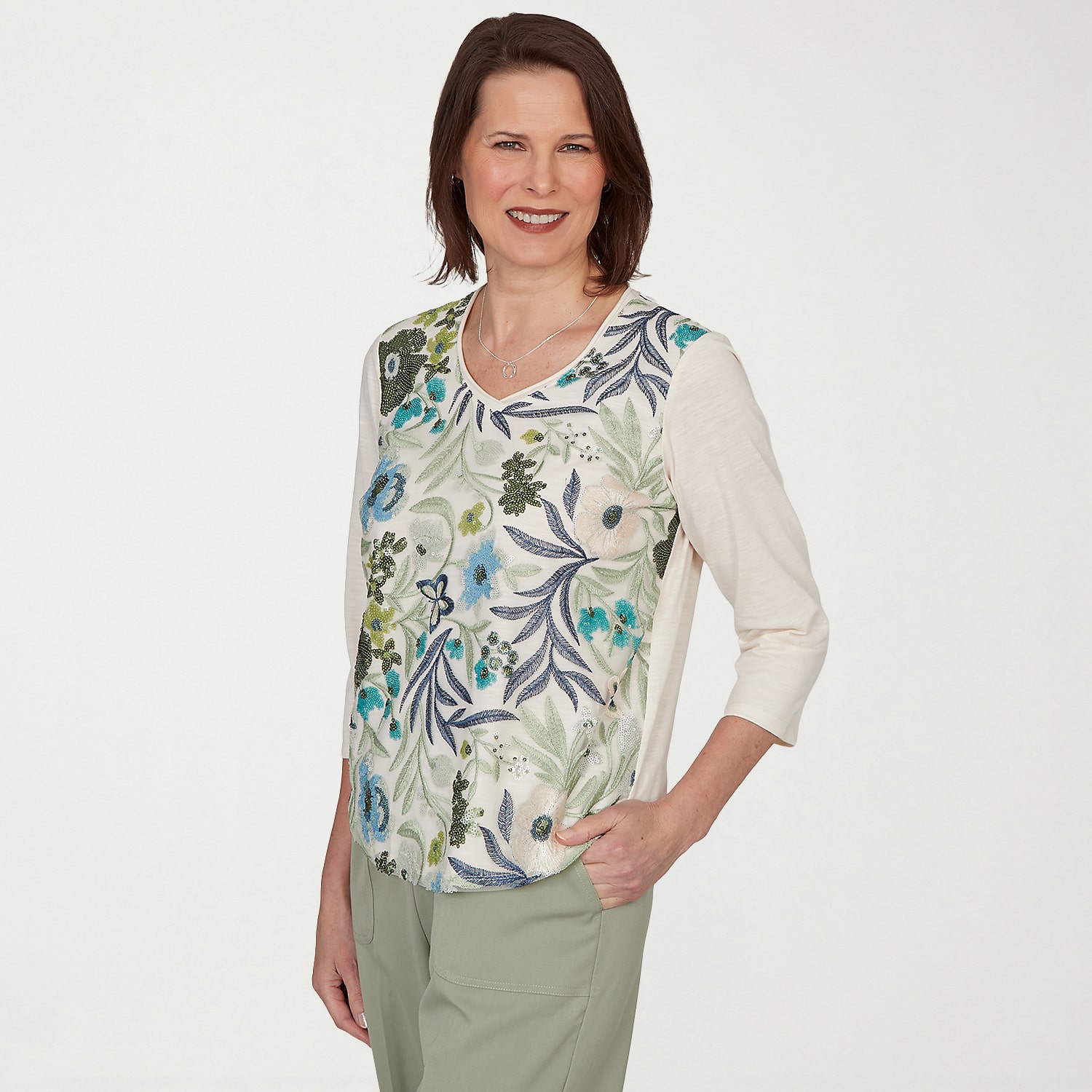 Alfred Dunner Indigo Girls Womens 3/4 Sleeve T-Shirt