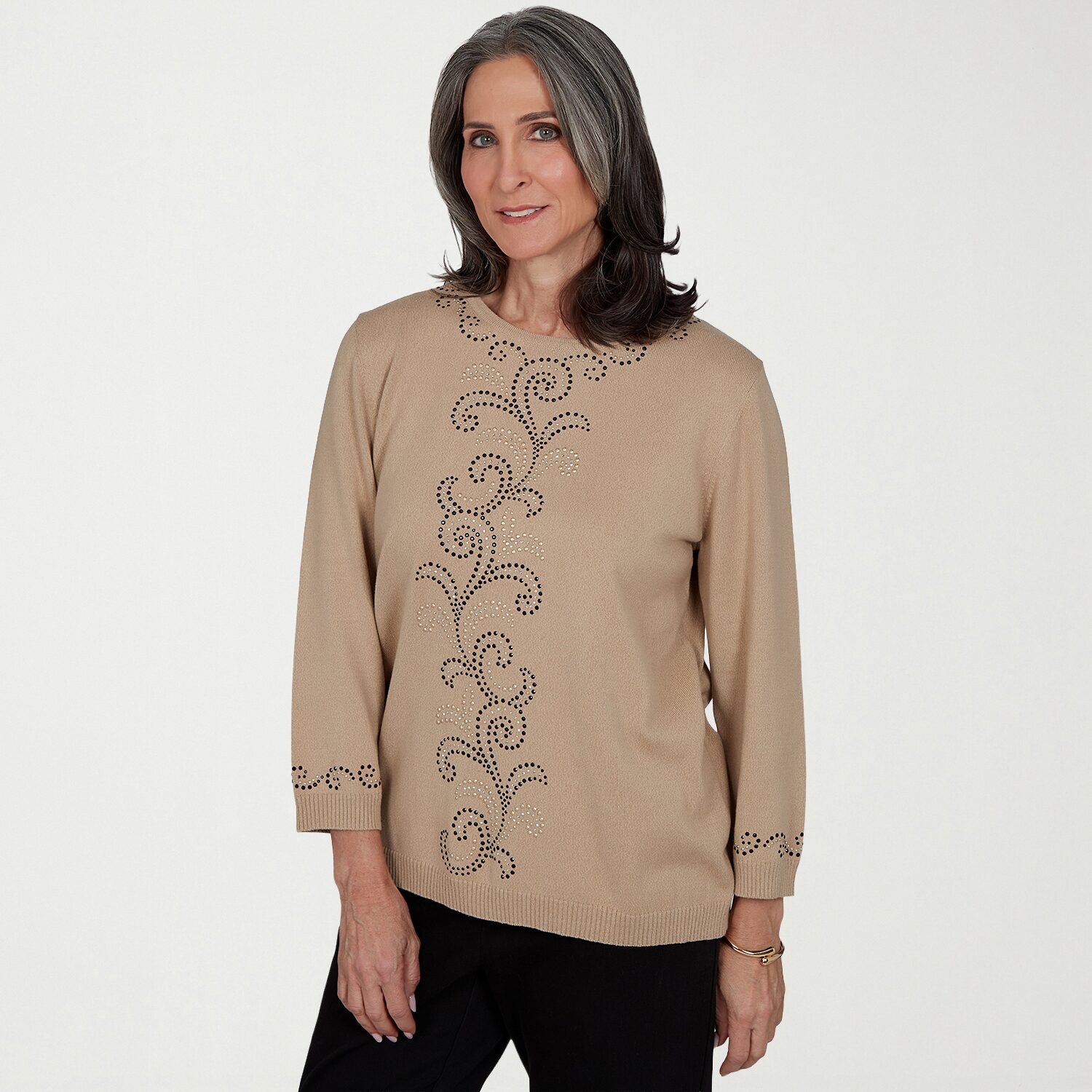 Alfred Dunner Travel Advisory Womens Crew Neck 3/4 Sleeve Pullover Sweater