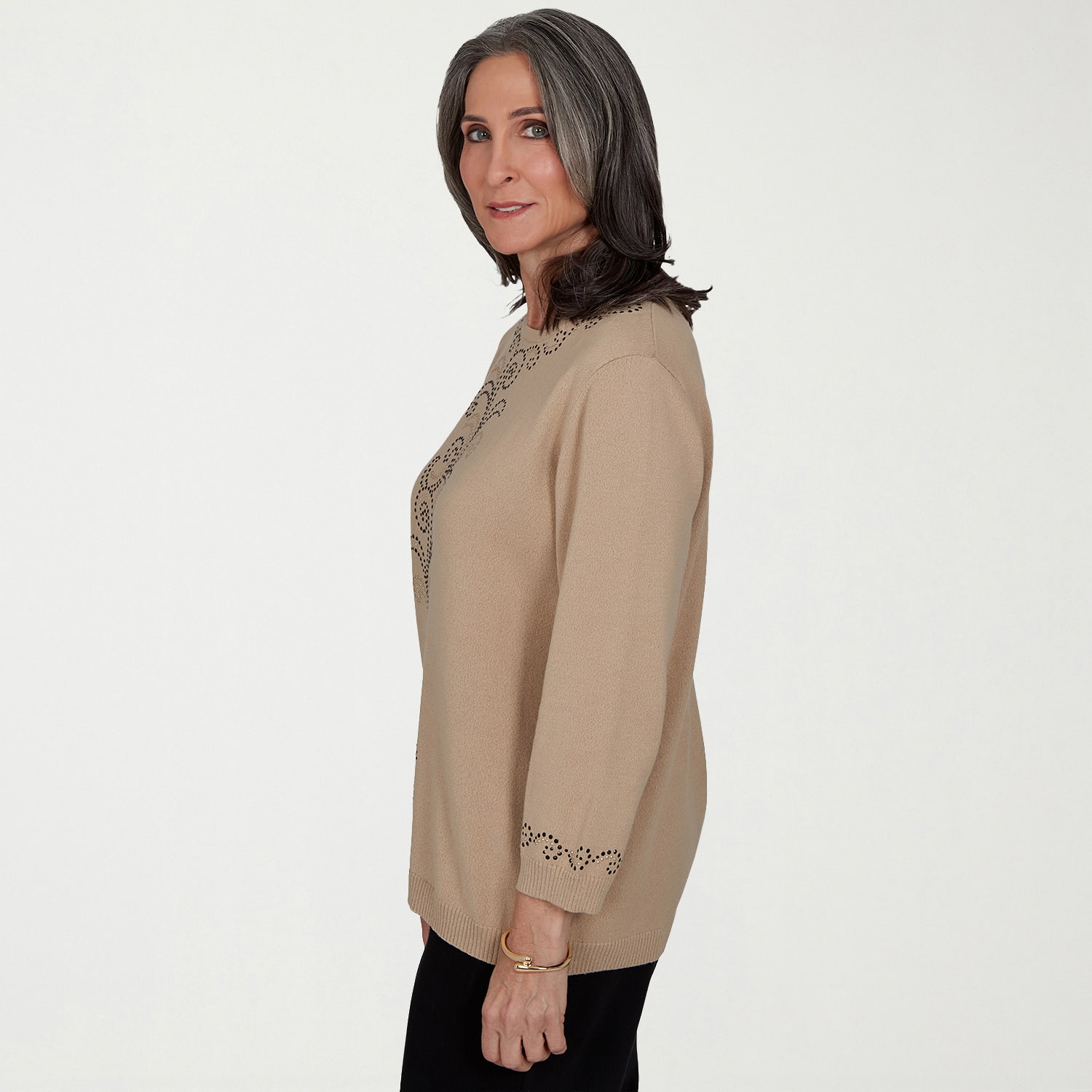 Alfred Dunner Travel Advisory Womens Crew Neck 3/4 Sleeve Pullover Sweater