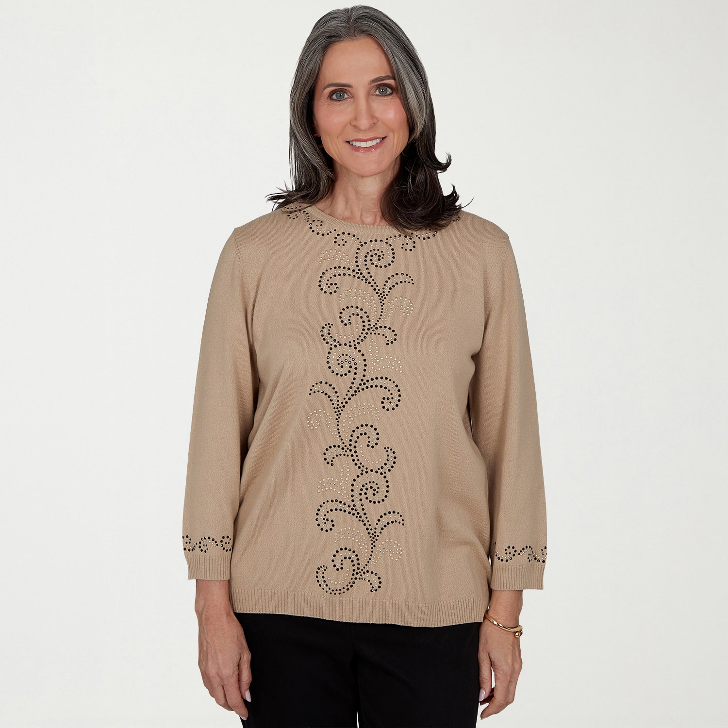 Alfred Dunner Travel Advisory Womens Crew Neck 3/4 Sleeve Pullover Sweater