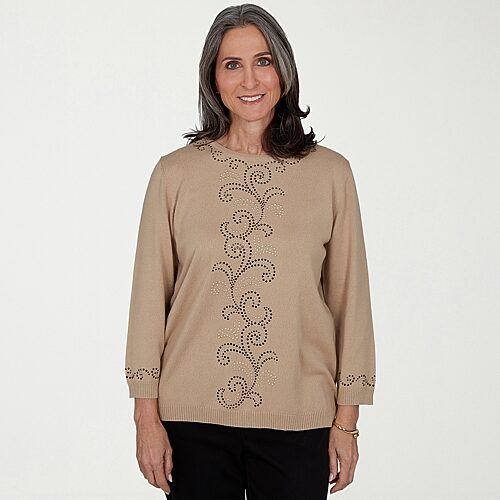 Alfred Dunner Travel Advisory Womens Crew Neck 3/4 Sleeve Pullover Sweater In Beige