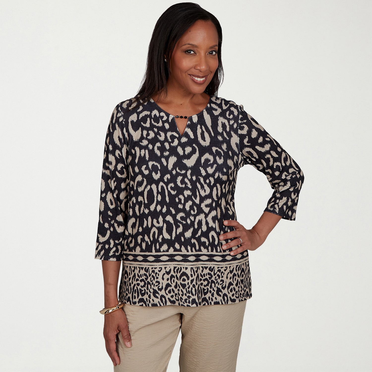 Alfred Dunner Womens Crew Neck 3/4 Sleeve T-Shirt
