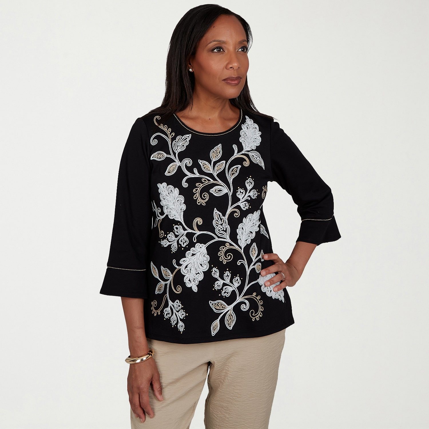 Alfred Dunner Womens Crew Neck 3/4 Sleeve T-Shirt