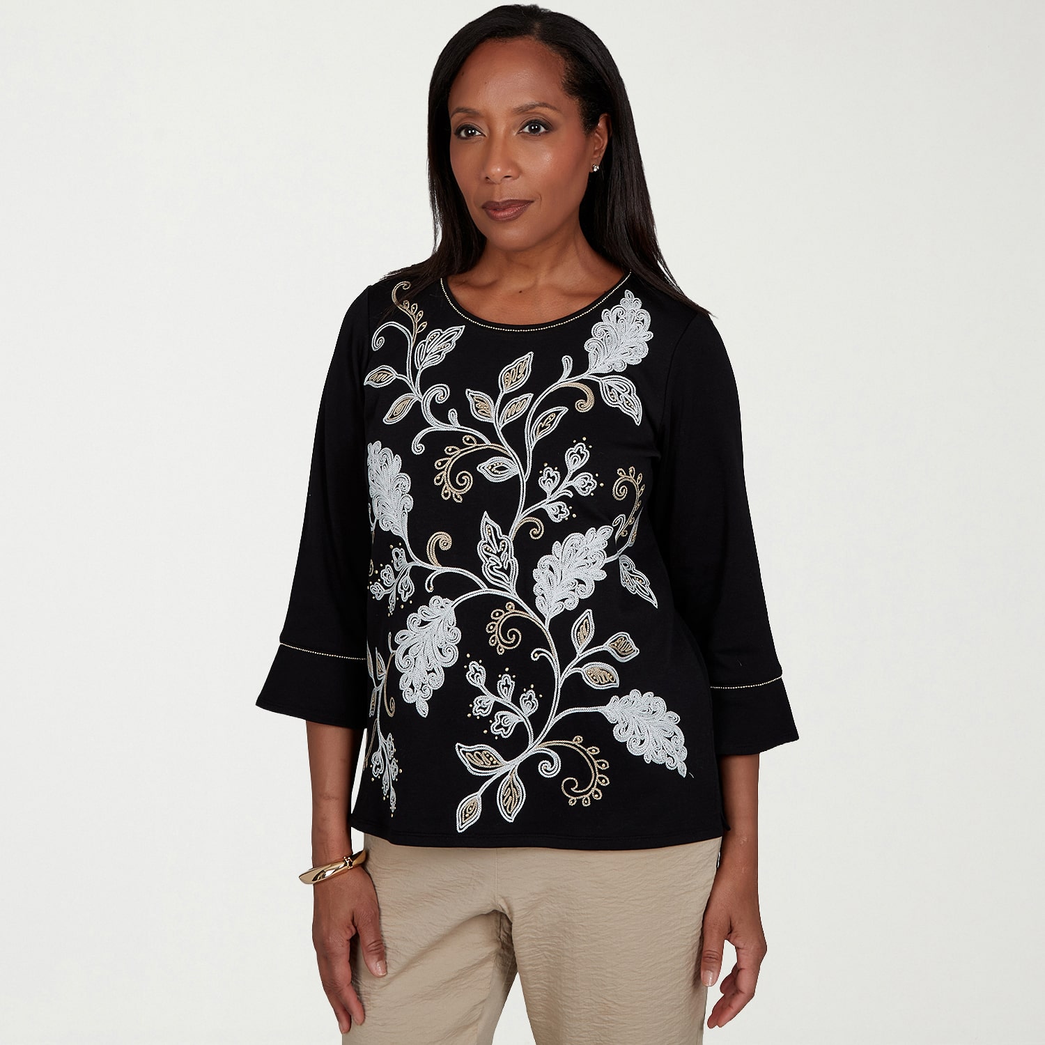 Alfred Dunner Womens Crew Neck 3/4 Sleeve T-Shirt