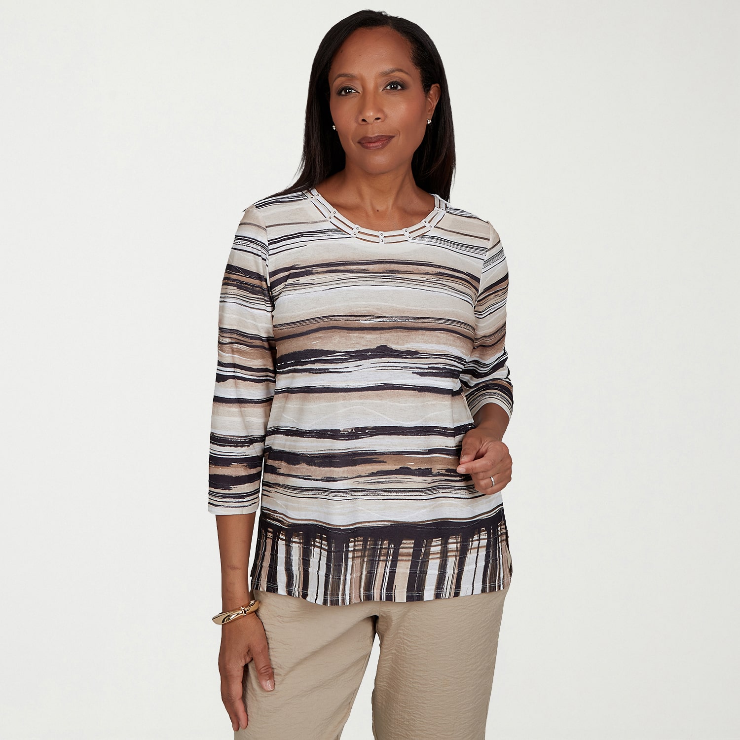 Alfred Dunner Travel Advisory Womens Crew Neck 3/4 Sleeve T-Shirt