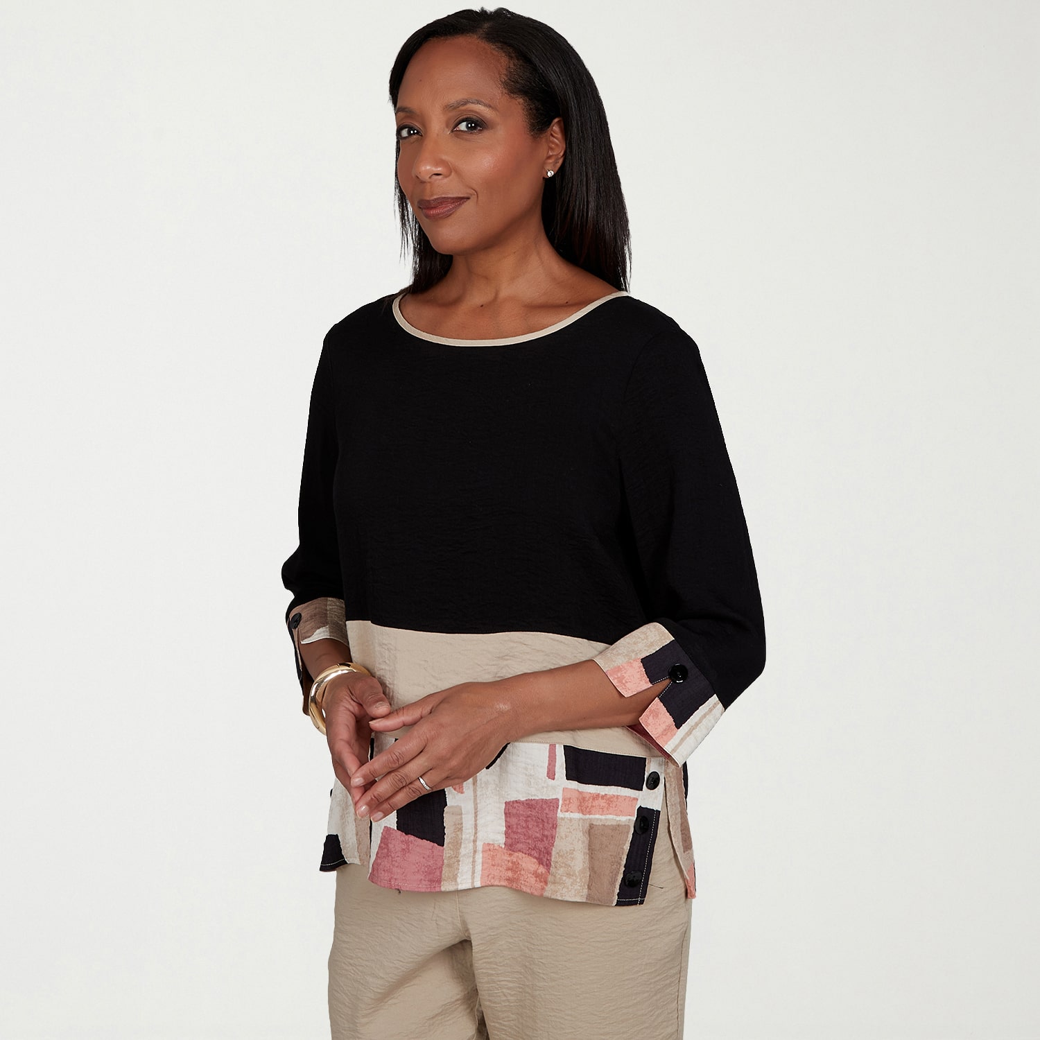 Alfred Dunner Travel Advisory Womens Crew Neck 3/4 Sleeve Blouse