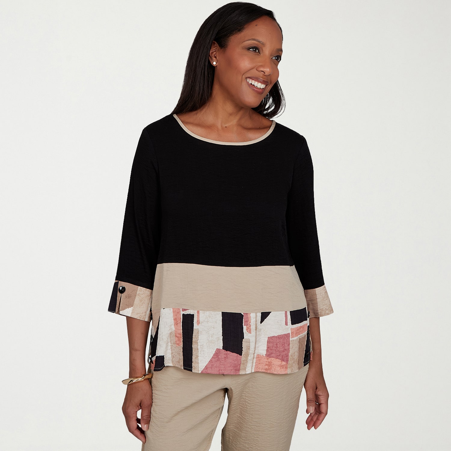 Alfred Dunner Travel Advisory Womens Crew Neck 3/4 Sleeve Blouse