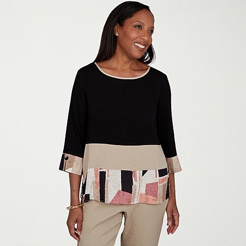 Alfred Dunner Travel Advisory Womens Crew Neck 3/4 Sleeve Blouse In Beige