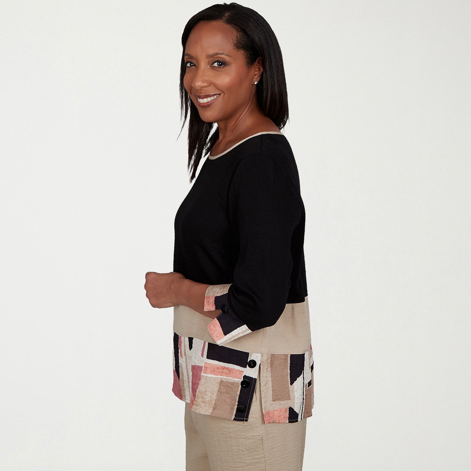 Alfred Dunner Travel Advisory Womens Crew Neck 3/4 Sleeve Blouse