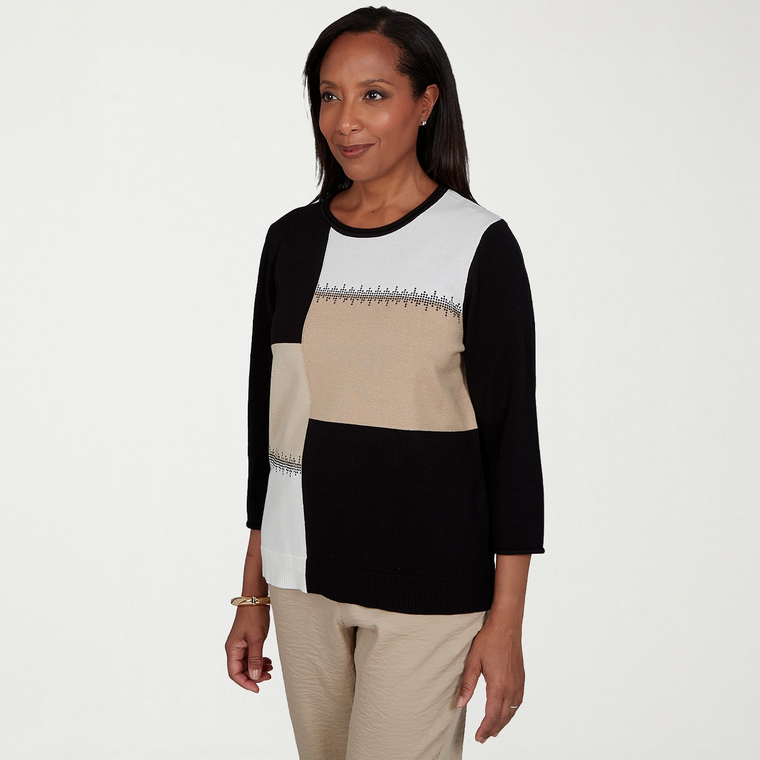 Alfred Dunner Travel Advisory Womens Crew Neck 3/4 Sleeve Pullover Sweater