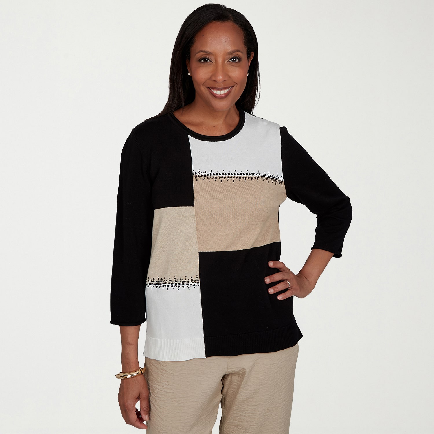 Alfred Dunner Travel Advisory Womens Crew Neck 3/4 Sleeve Pullover Sweater
