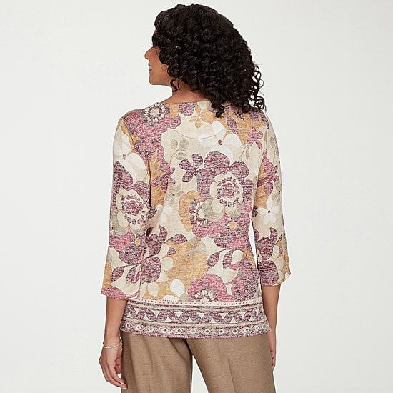 Alfred Dunner Union Square Womens Crew Neck 3/4 Sleeve T-Shirt