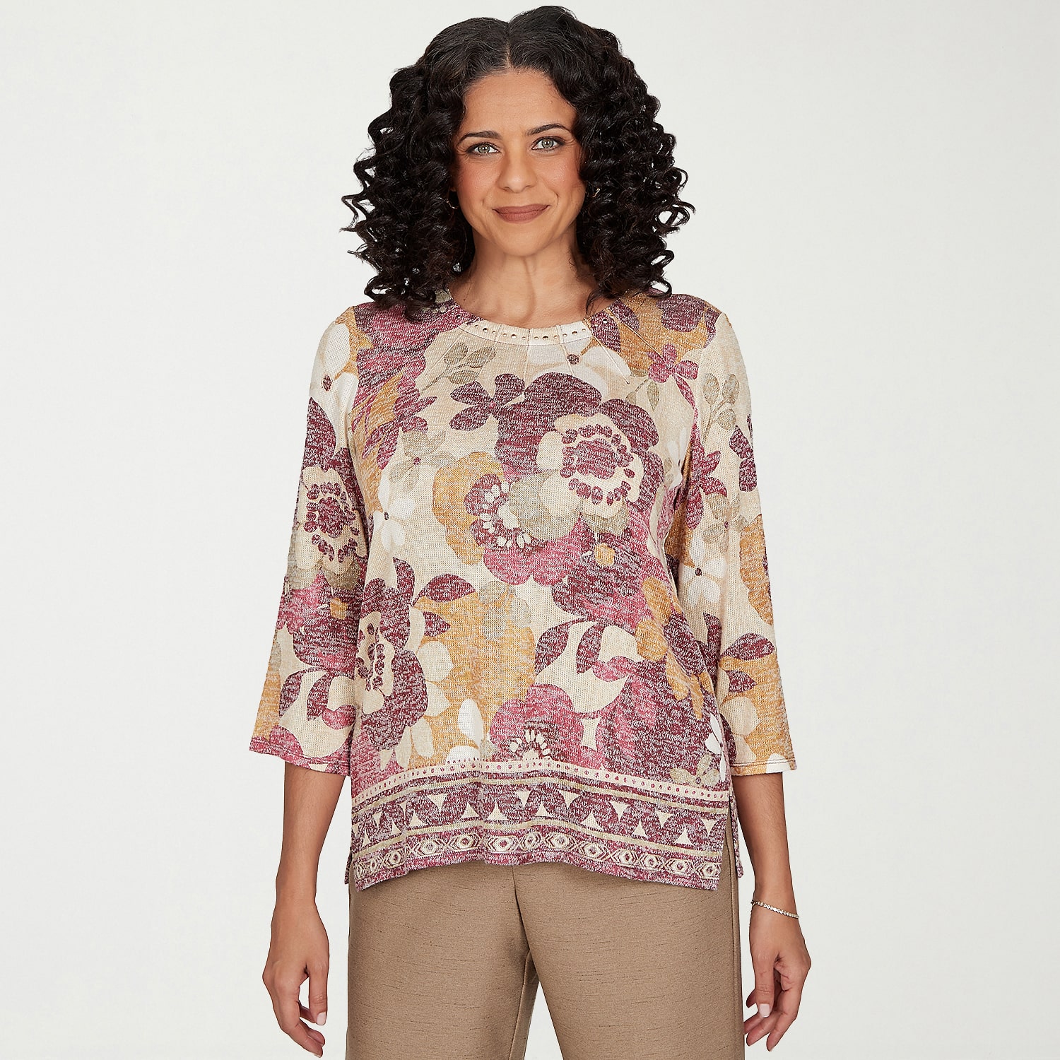 Alfred Dunner Union Square Womens Crew Neck 3/4 Sleeve T-Shirt