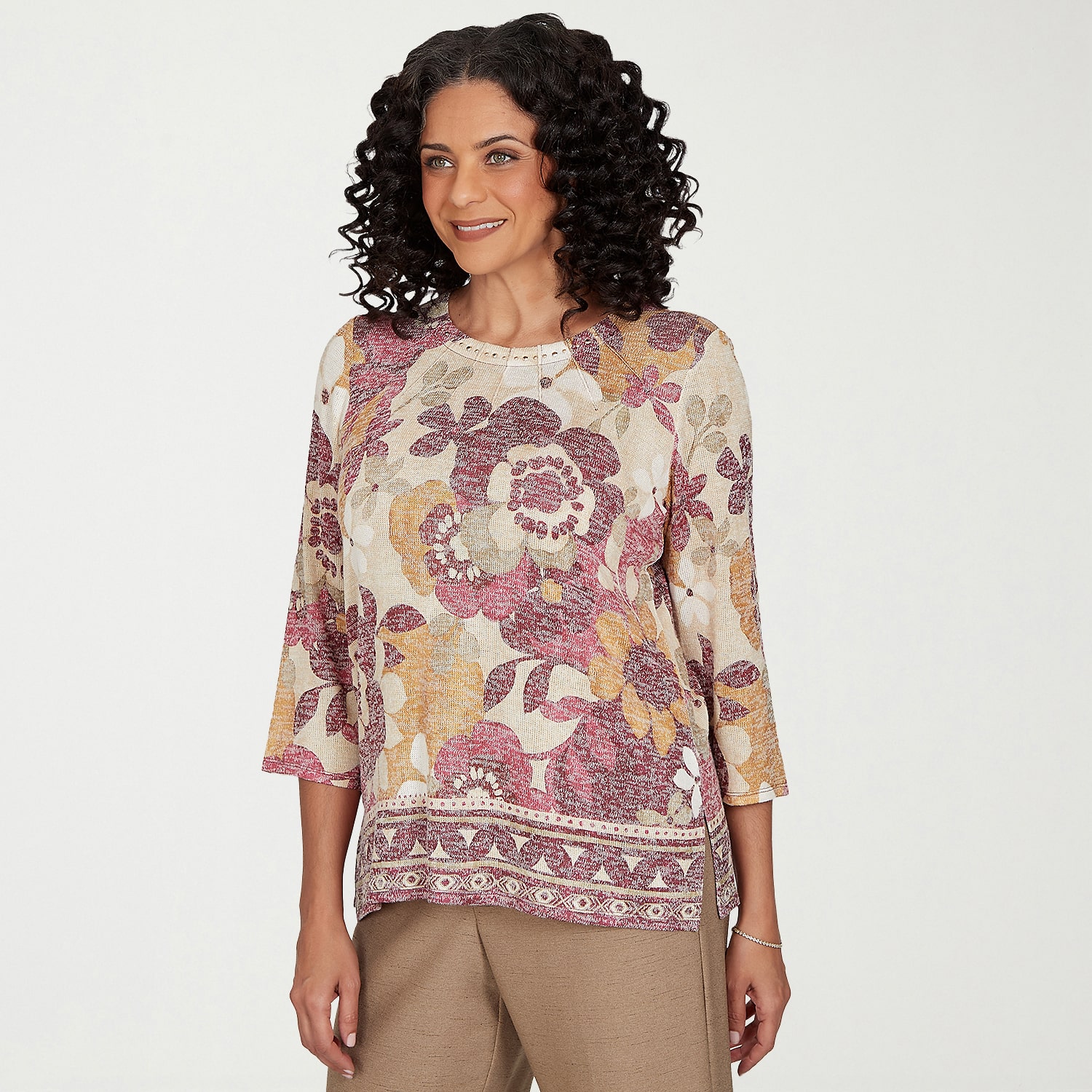 Alfred Dunner Union Square Womens Crew Neck 3/4 Sleeve T-Shirt