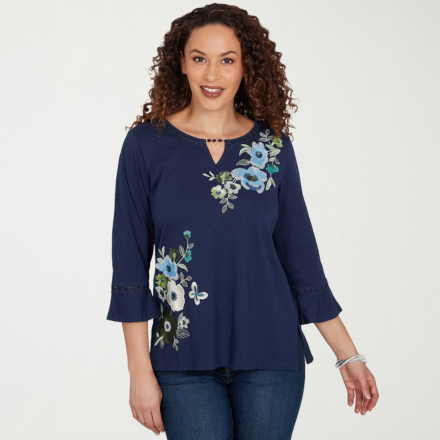 Alfred Dunner Indigo Girls Womens Crew Neck 3/4 Sleeve T-Shirt