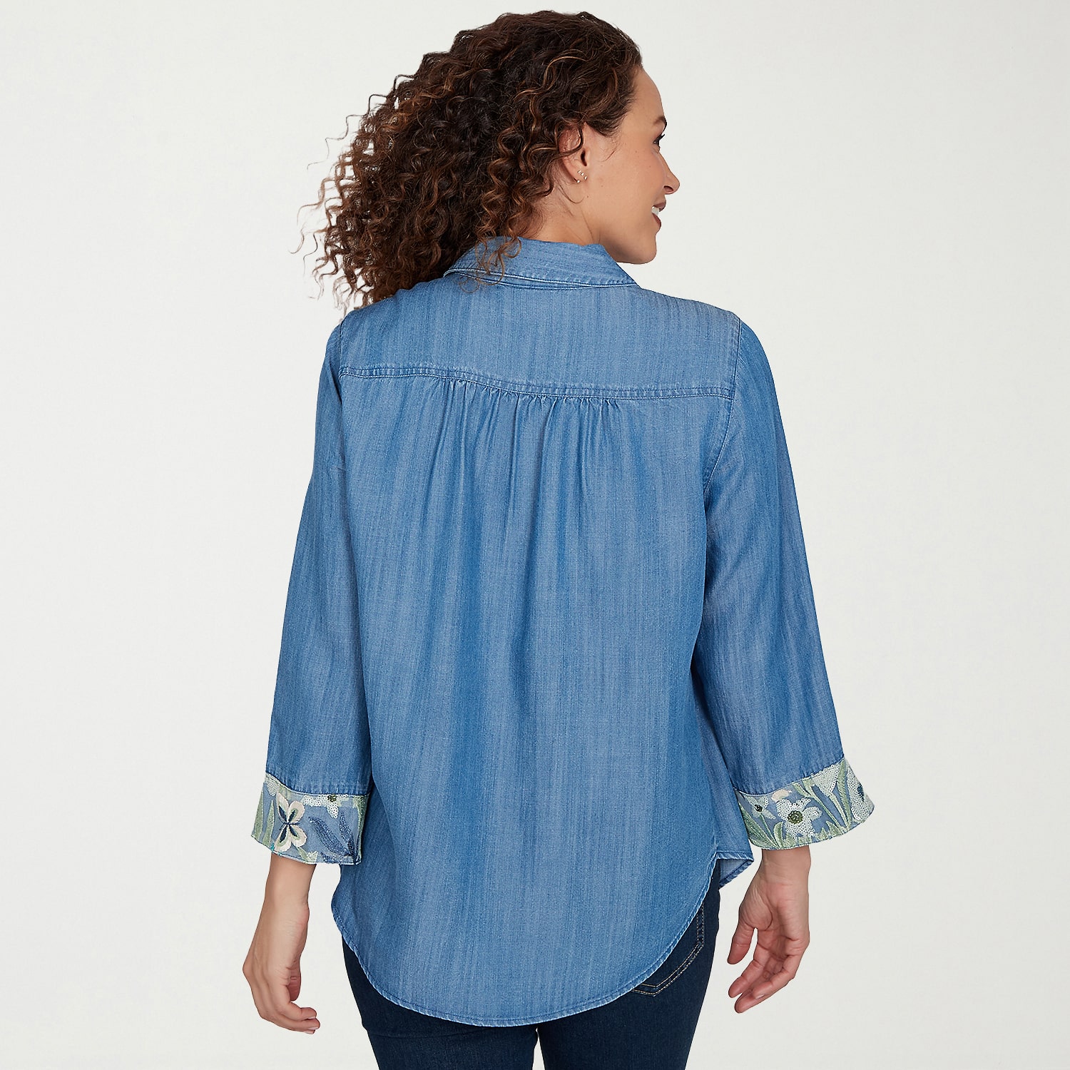 Alfred Dunner Indigo Girls Womens Ruffled 3/4 Sleeve Regular Fit Button-Down Shirt