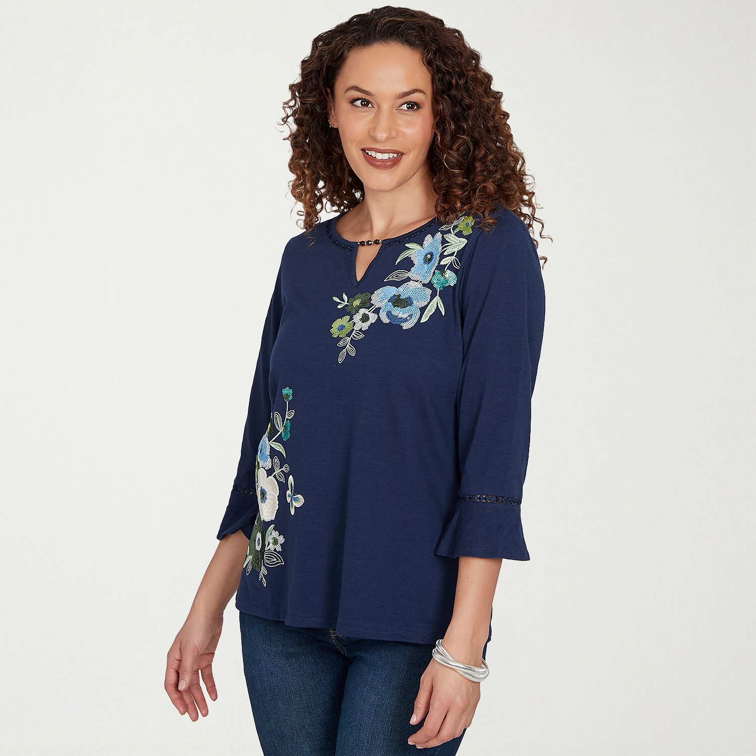 Alfred Dunner Indigo Girls Womens Crew Neck 3/4 Sleeve T-Shirt