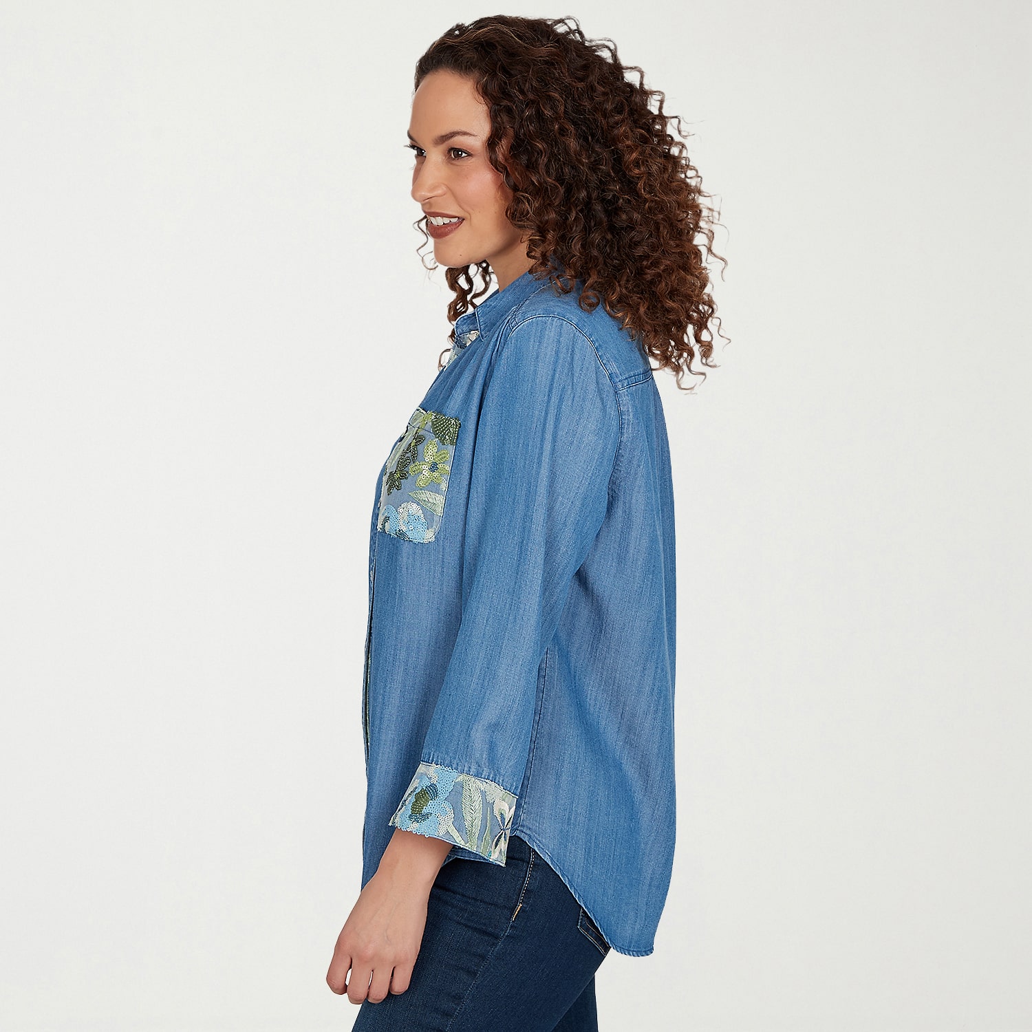 Alfred Dunner Indigo Girls Womens Ruffled 3/4 Sleeve Regular Fit Button-Down Shirt