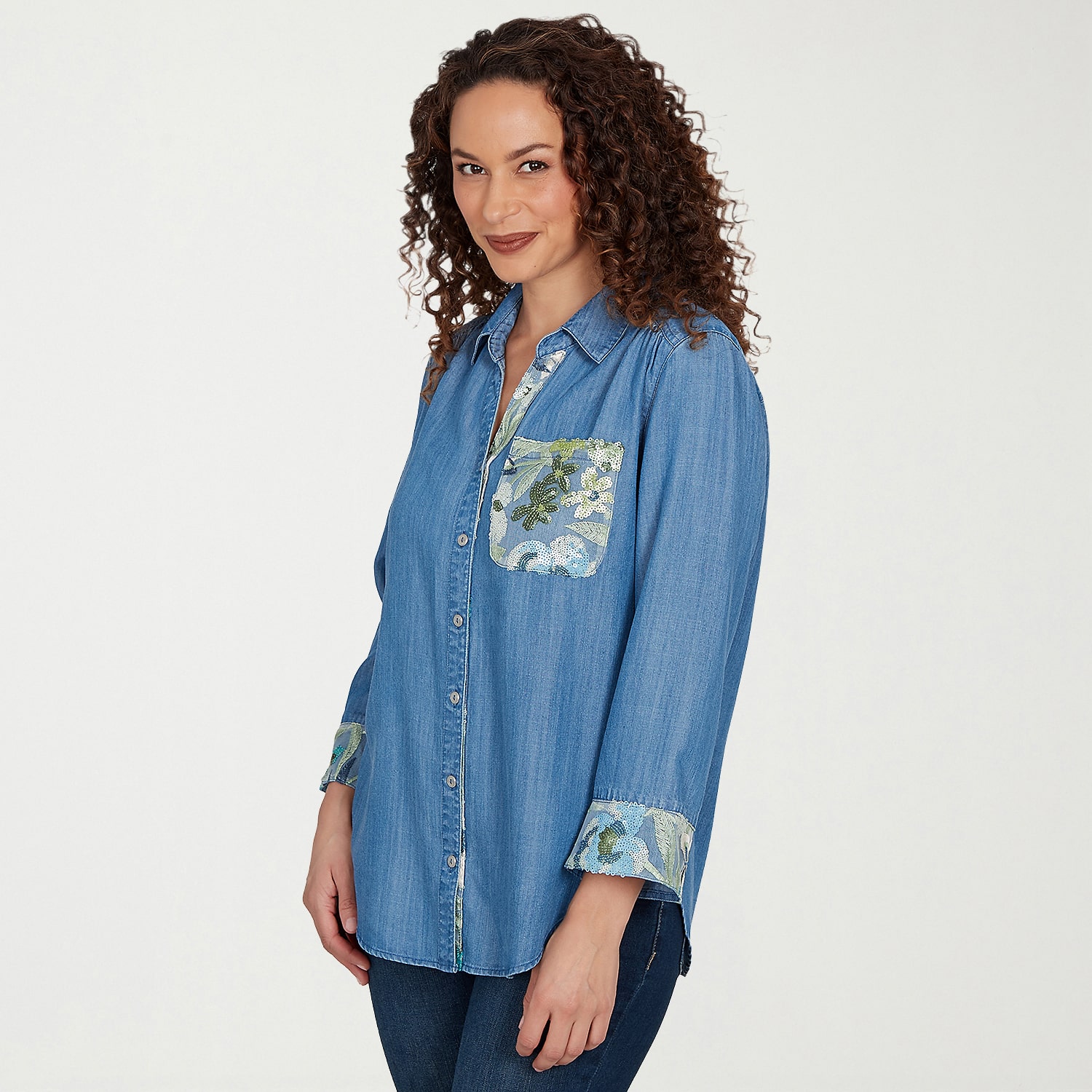 Alfred Dunner Indigo Girls Womens Ruffled 3/4 Sleeve Regular Fit Button-Down Shirt
