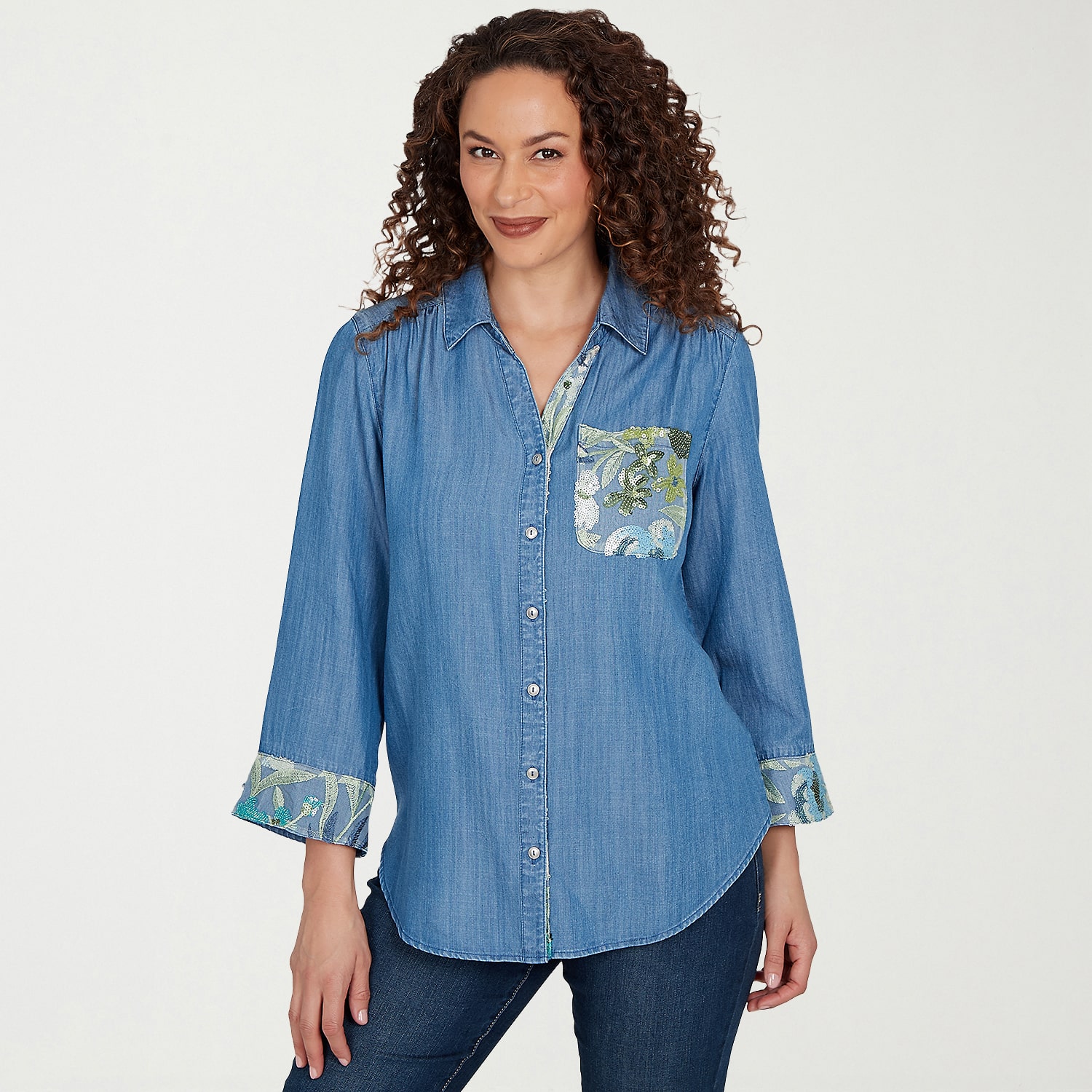 Alfred Dunner Indigo Girls Womens Ruffled 3/4 Sleeve Regular Fit Button-Down Shirt