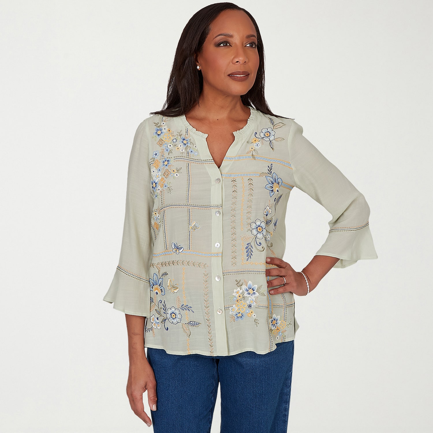 Alfred Dunner Indigo Girls Womens Split Crew Neck 3/4 Sleeve Blouse
