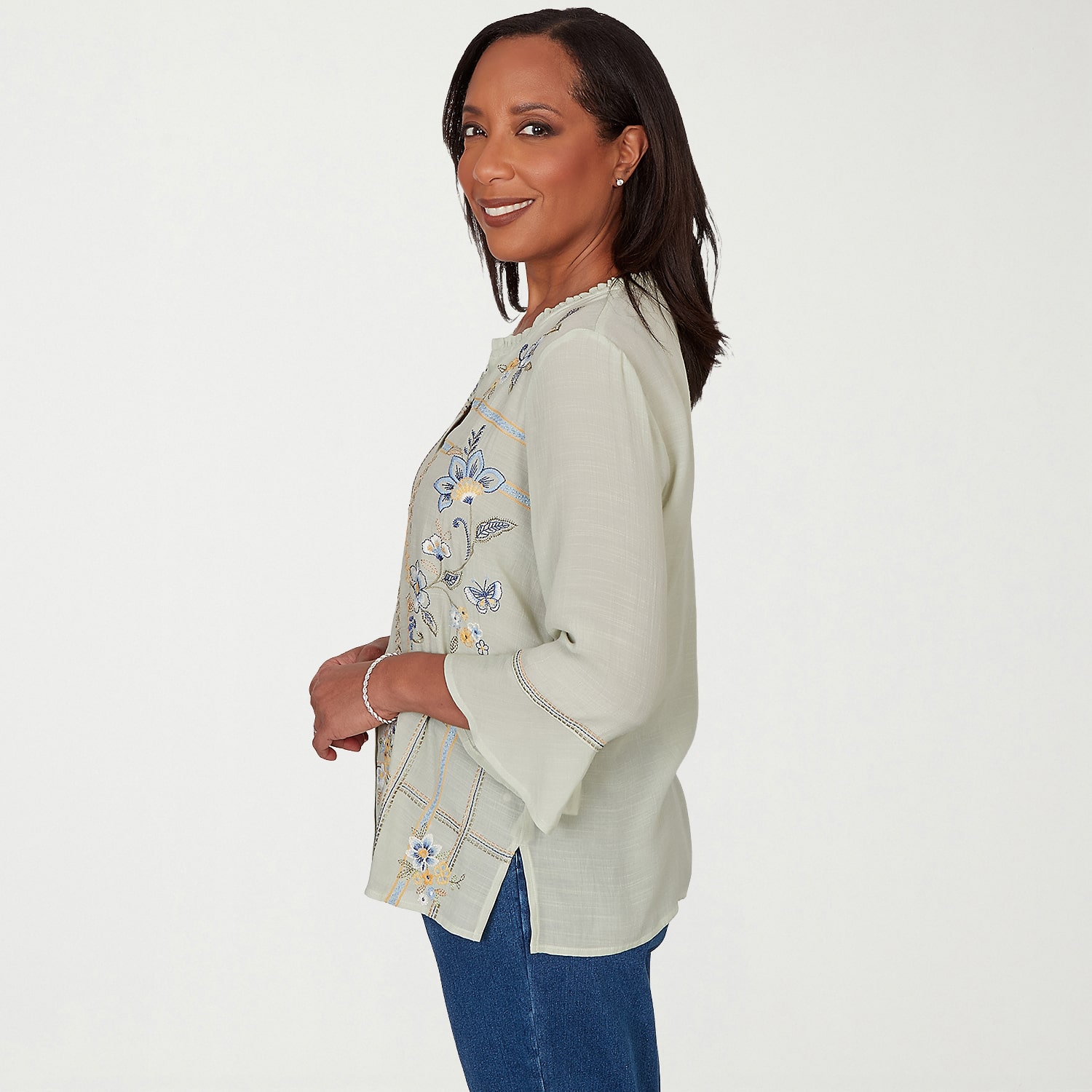 Alfred Dunner Indigo Girls Womens Split Crew Neck 3/4 Sleeve Blouse
