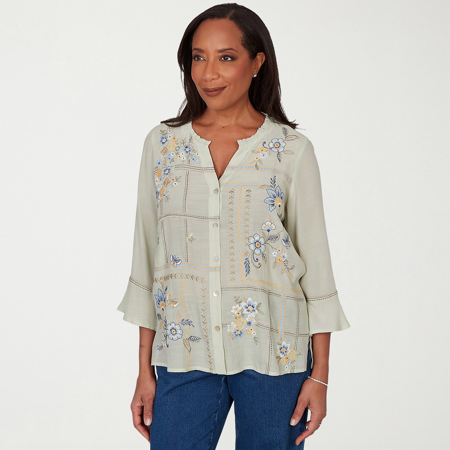 Alfred Dunner Indigo Girls Womens Split Crew Neck 3/4 Sleeve Blouse