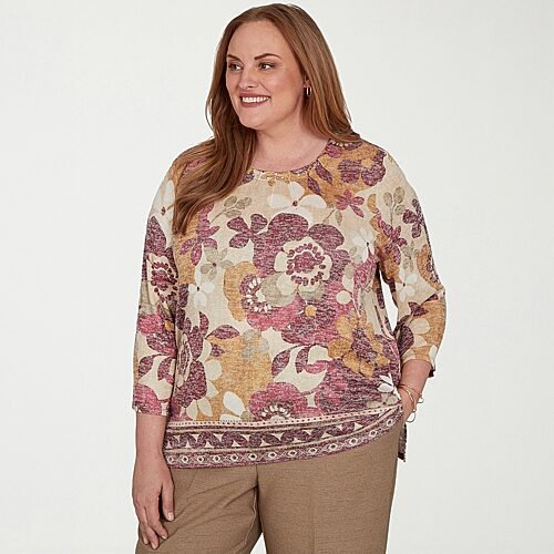 Alfred Dunner Womens Plus Crew Neck 3/4 Sleeve T-shirt In Brown