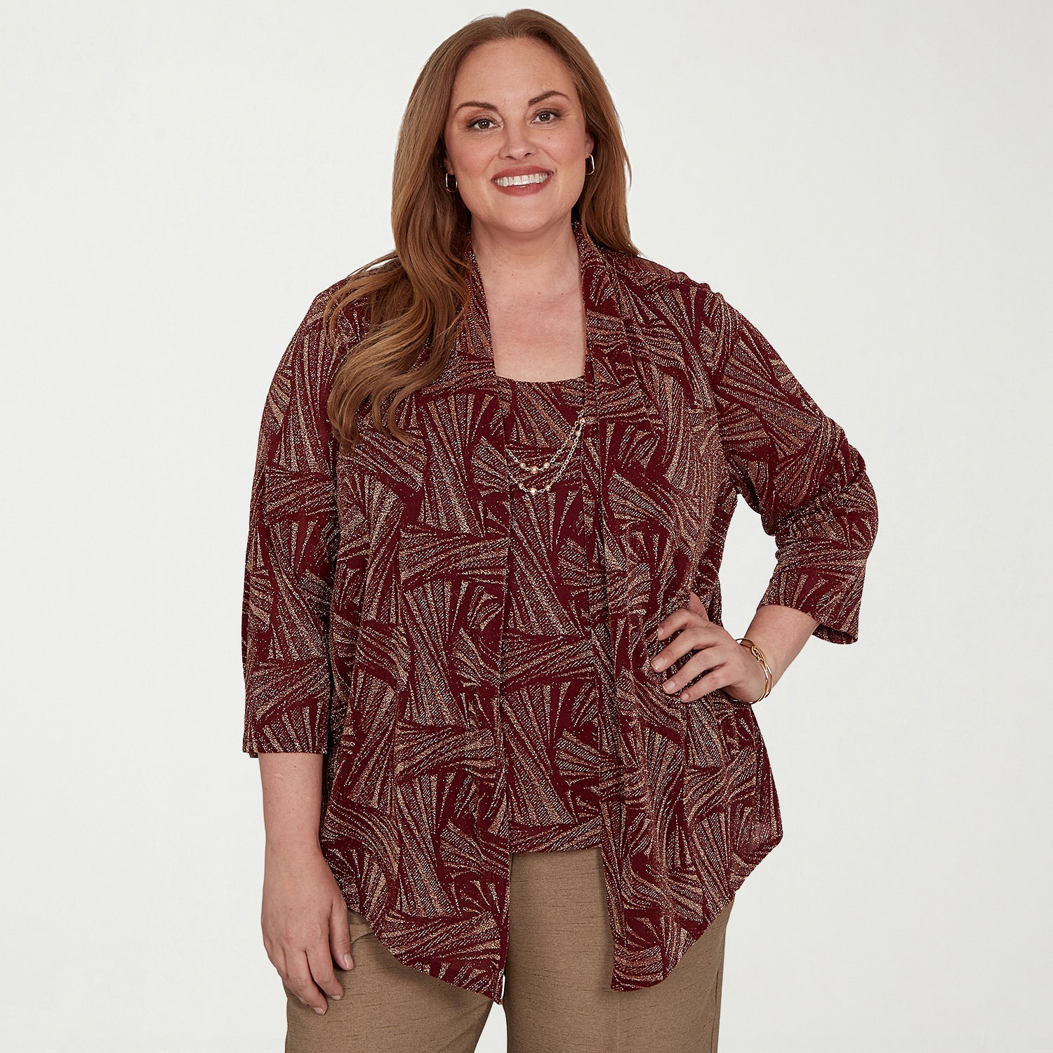 Alfred Dunner Union Square Womens Plus Crew Neck 3/4 Sleeve Layered Top
