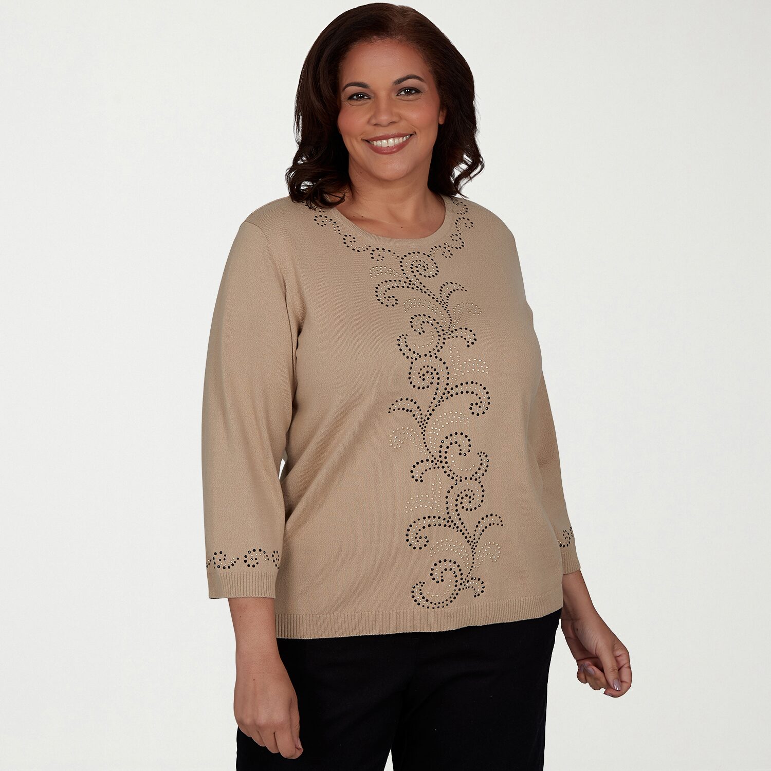 Alfred Dunner Plus Womens Crew Neck 3/4 Sleeve Pullover Sweater