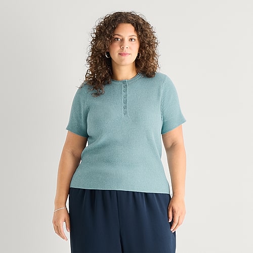 Ana Plus Womens Crew Neck Short Sleeve Pullover Sweater In Blue