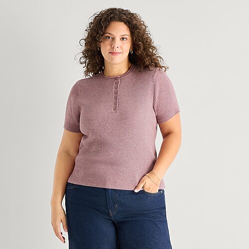 Ana Plus Womens Crew Neck Short Sleeve Pullover Sweater In Pink