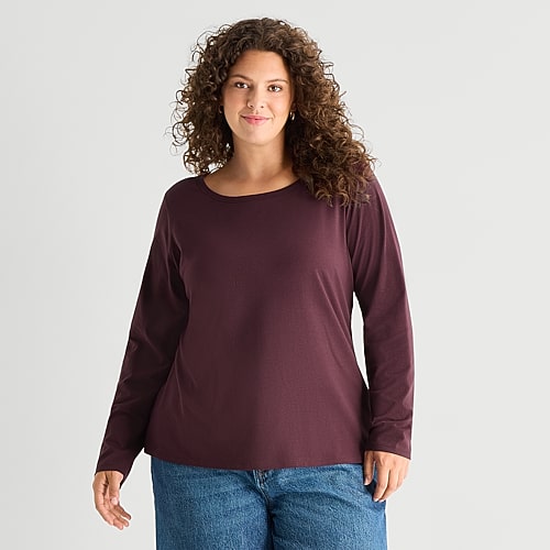 Ana Womens Plus Easy-on + Easy-off Crew Neck Long Sleeve Adaptive T-shirt In Red