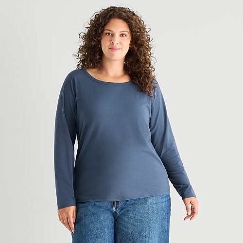 Ana Womens Plus Easy-on + Easy-off Crew Neck Long Sleeve Adaptive T-shirt In Blue