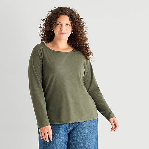 Ana Womens Plus Easy-on + Easy-off Crew Neck Long Sleeve Adaptive T-shirt In Green
