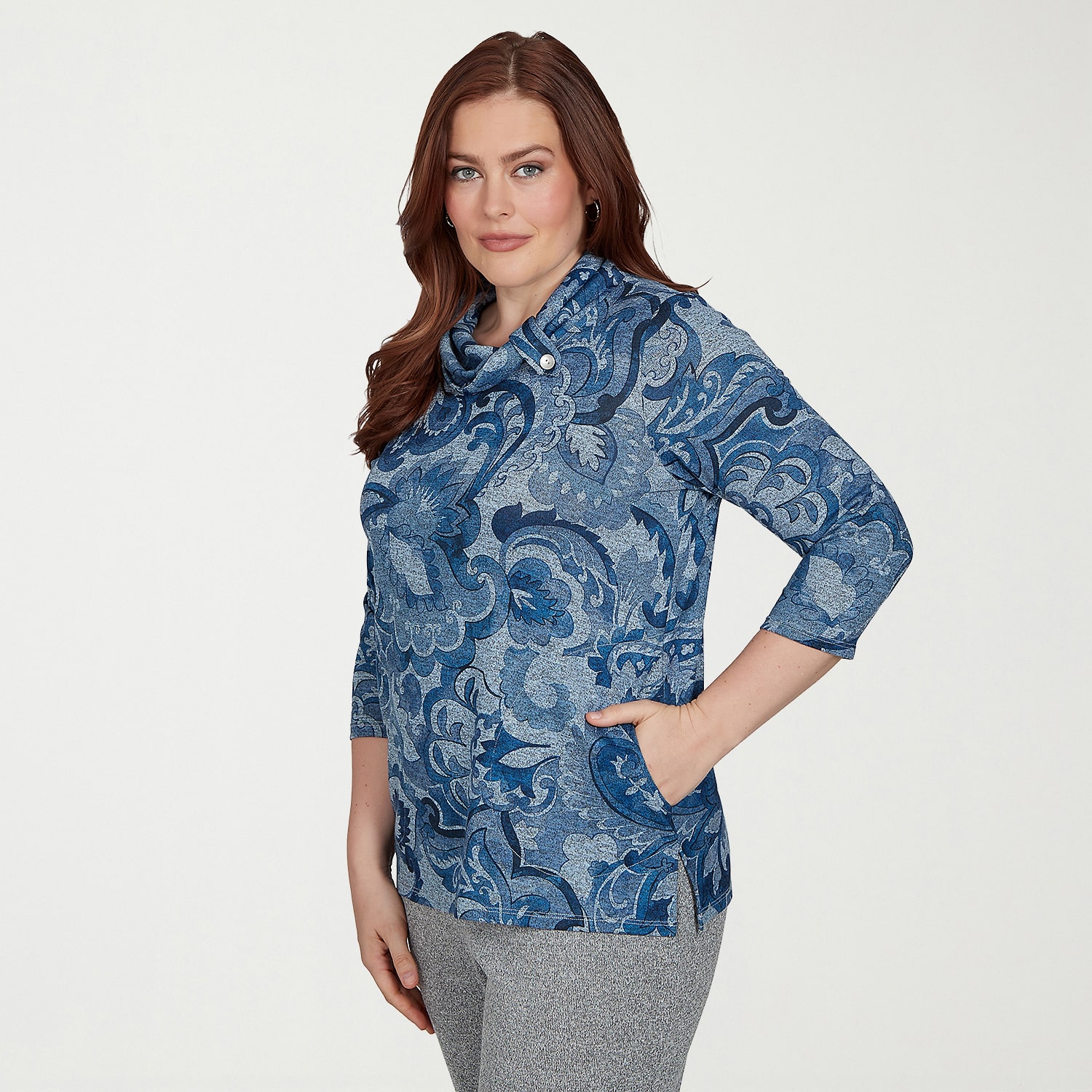 Alfred Dunner Womens Cowl Neck 3/4 Sleeve T-Shirt