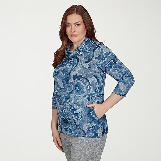 Alfred Dunner Classics Womens Cowl Neck 3/4 Sleeve T-Shirt