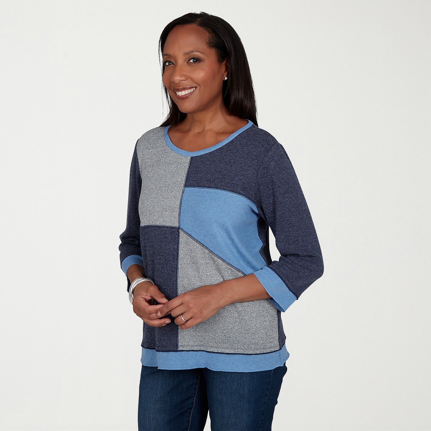 Alfred Dunner Womens Crew Neck 3/4 Sleeve T-Shirt