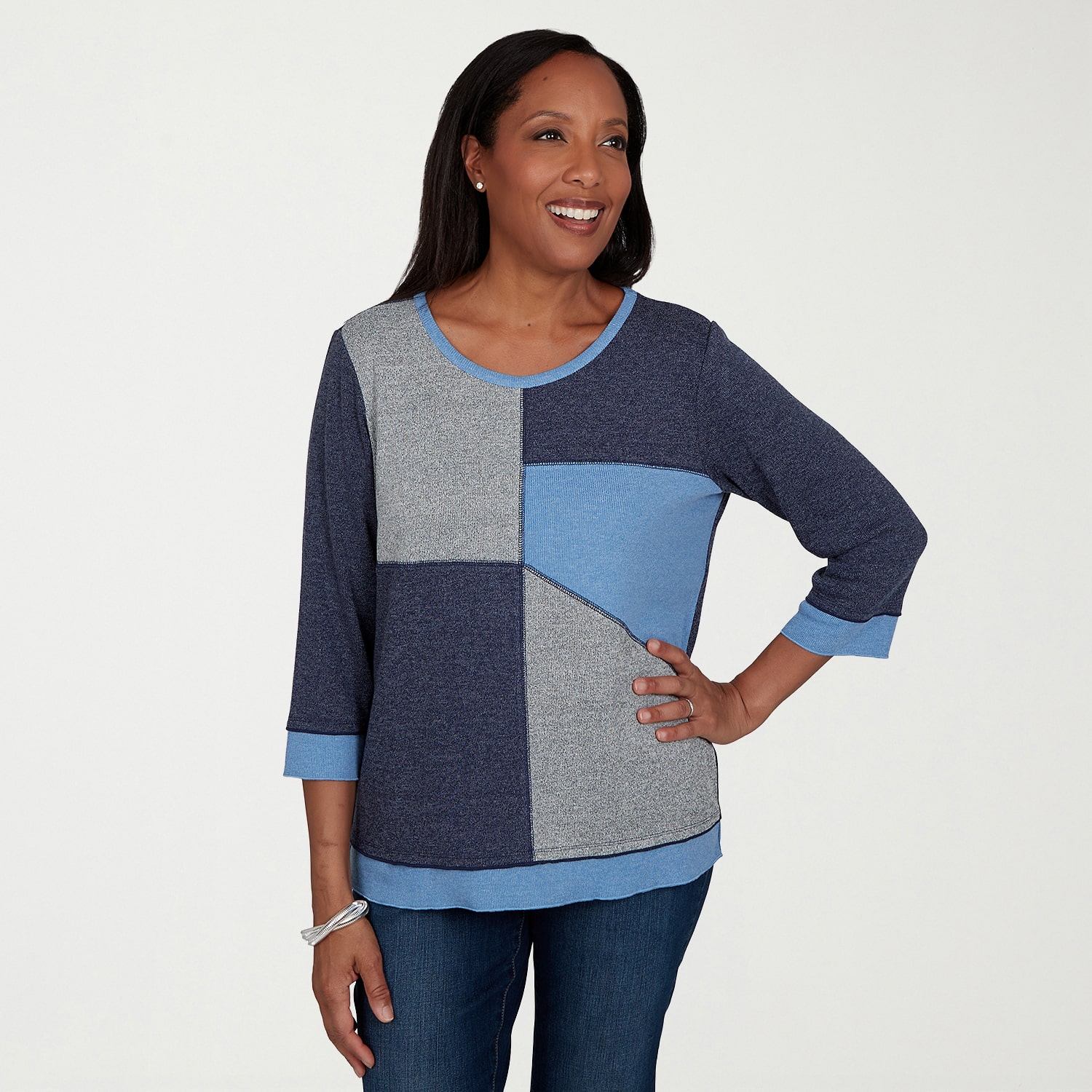 Alfred Dunner Womens Crew Neck 3/4 Sleeve T-Shirt