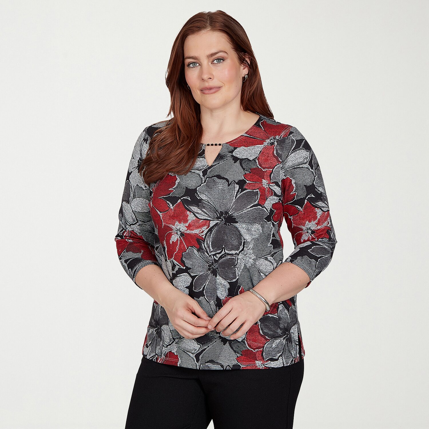 Alfred Dunner Womens Split Crew Neck 3/4 Sleeve T-Shirt