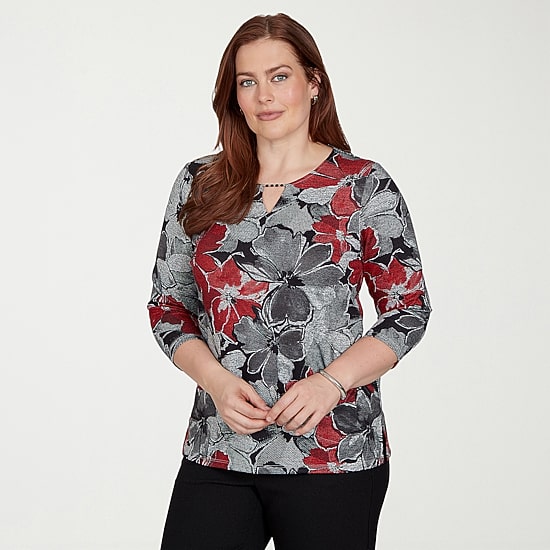 Alfred Dunner Classics Womens Split Crew Neck 3/4 Sleeve T-Shirt