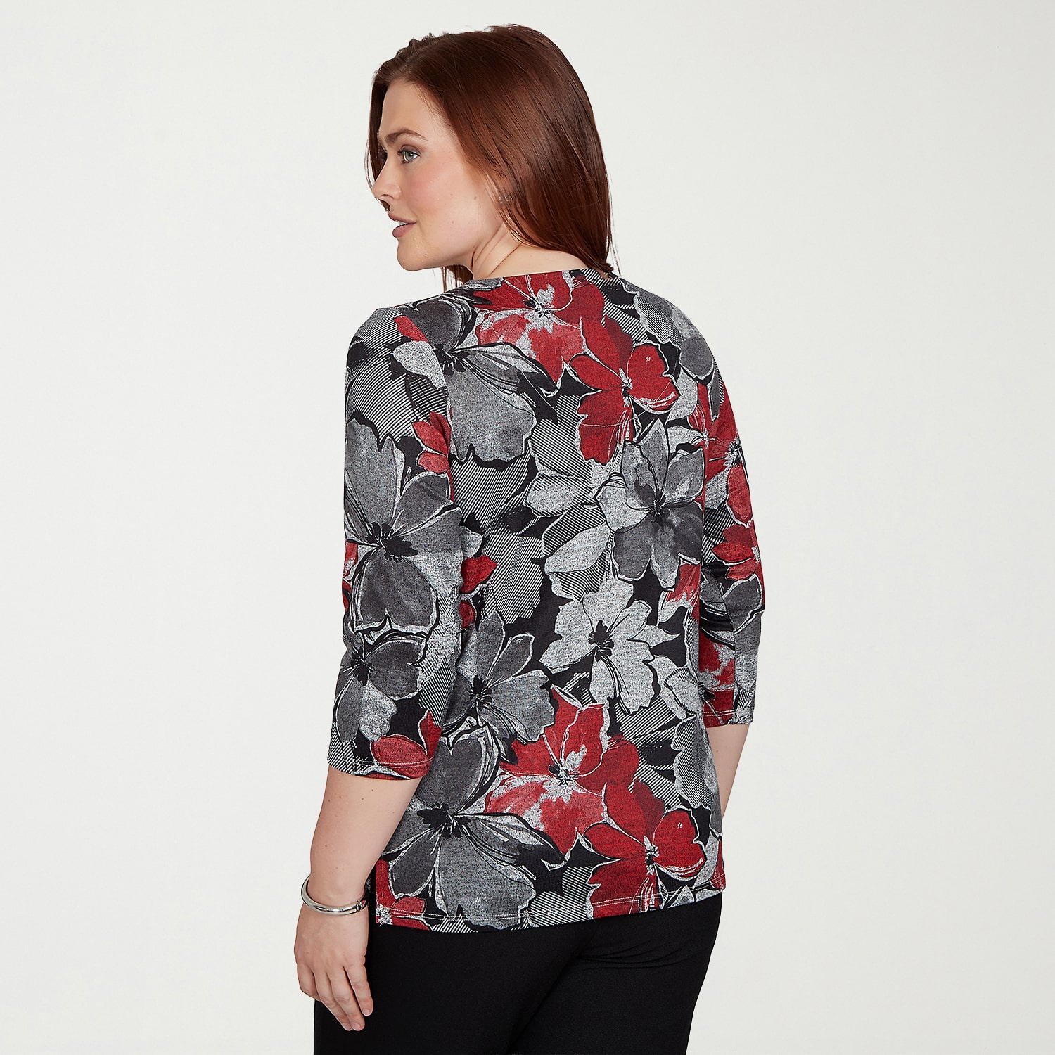 Alfred Dunner Womens Split Crew Neck 3/4 Sleeve T-Shirt