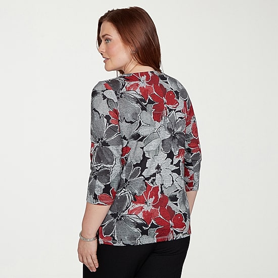 Alfred Dunner Classics Womens Split Crew Neck 3/4 Sleeve T-Shirt
