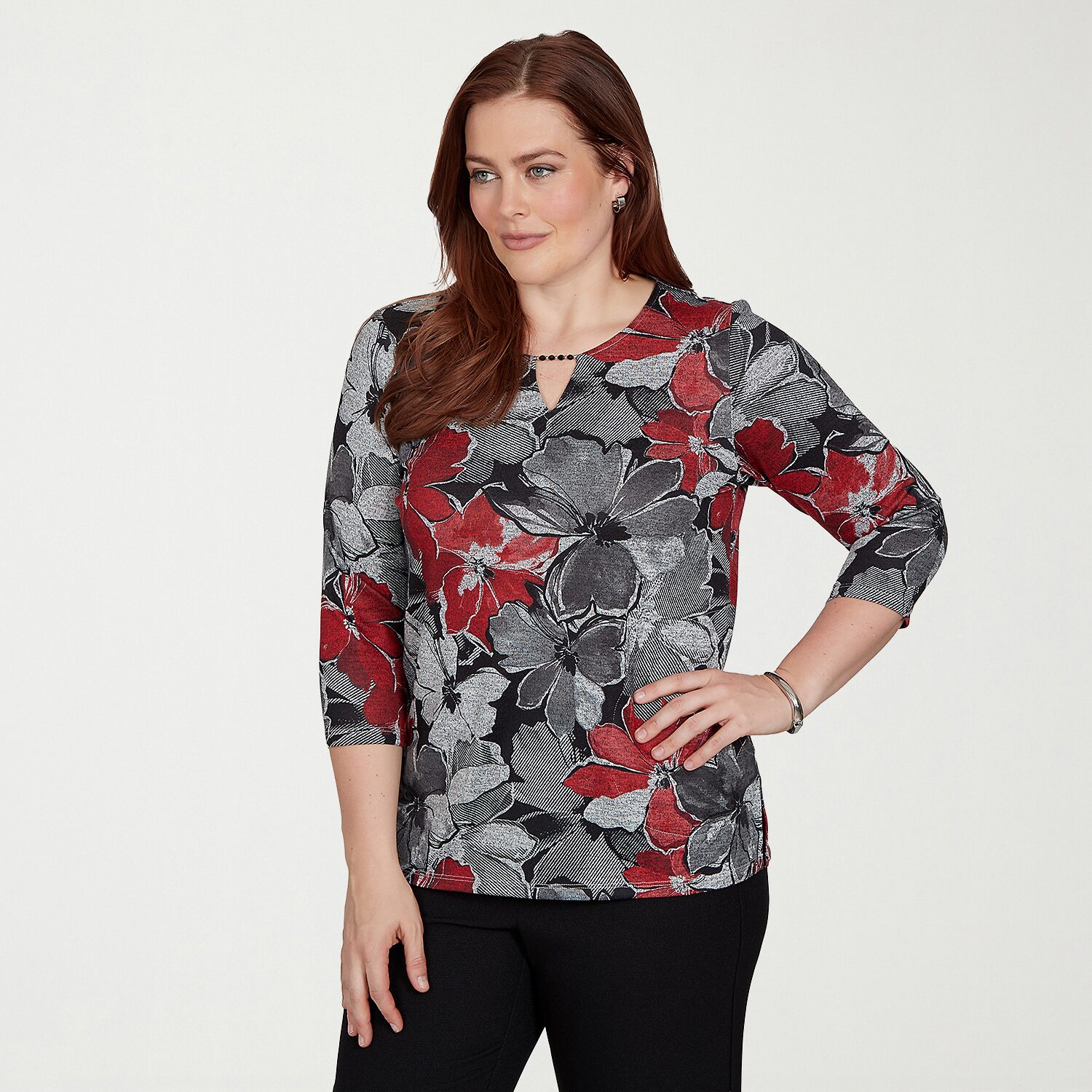 Alfred Dunner Womens Split Crew Neck 3/4 Sleeve T-Shirt
