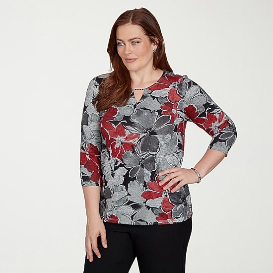 Alfred Dunner Classics Womens Split Crew Neck 3/4 Sleeve T-Shirt