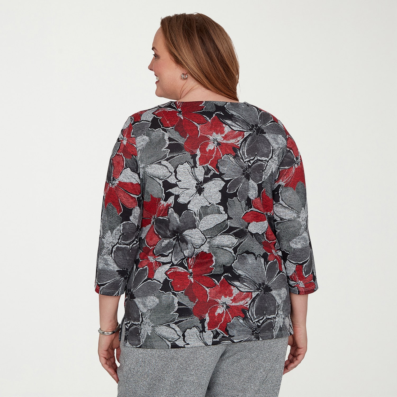 Alfred Dunner Womens Plus Split Crew Neck 3/4 Sleeve T-Shirt